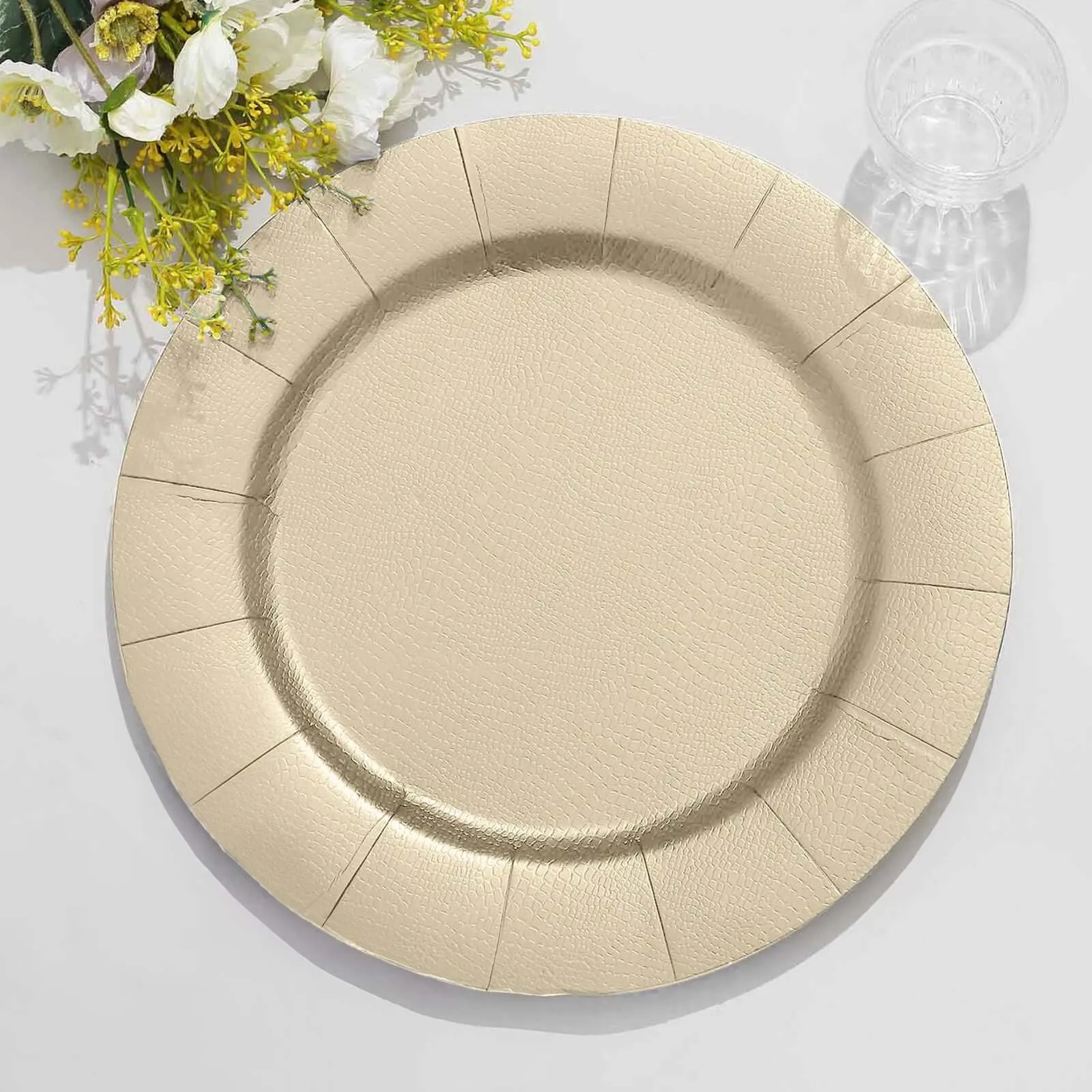 10 Pack 13" Champagne Leather Textured Disposable Charger Plates, Round Cardboard Serving Trays - 1100 GSM