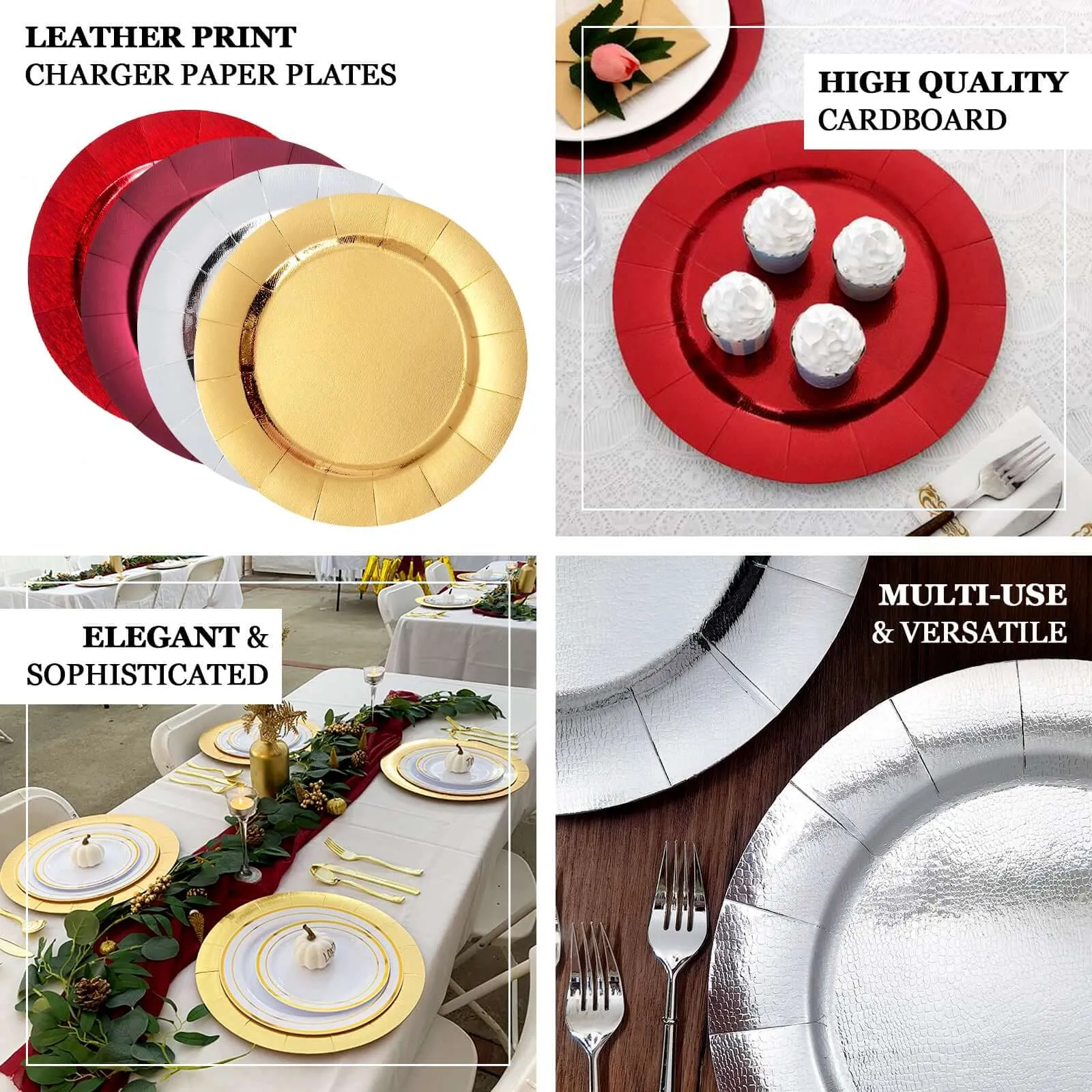 10 Pack Red Disposable 13" Charger Plates, Cardboard Serving Tray, Round with Leathery Texture - 1100 GSM