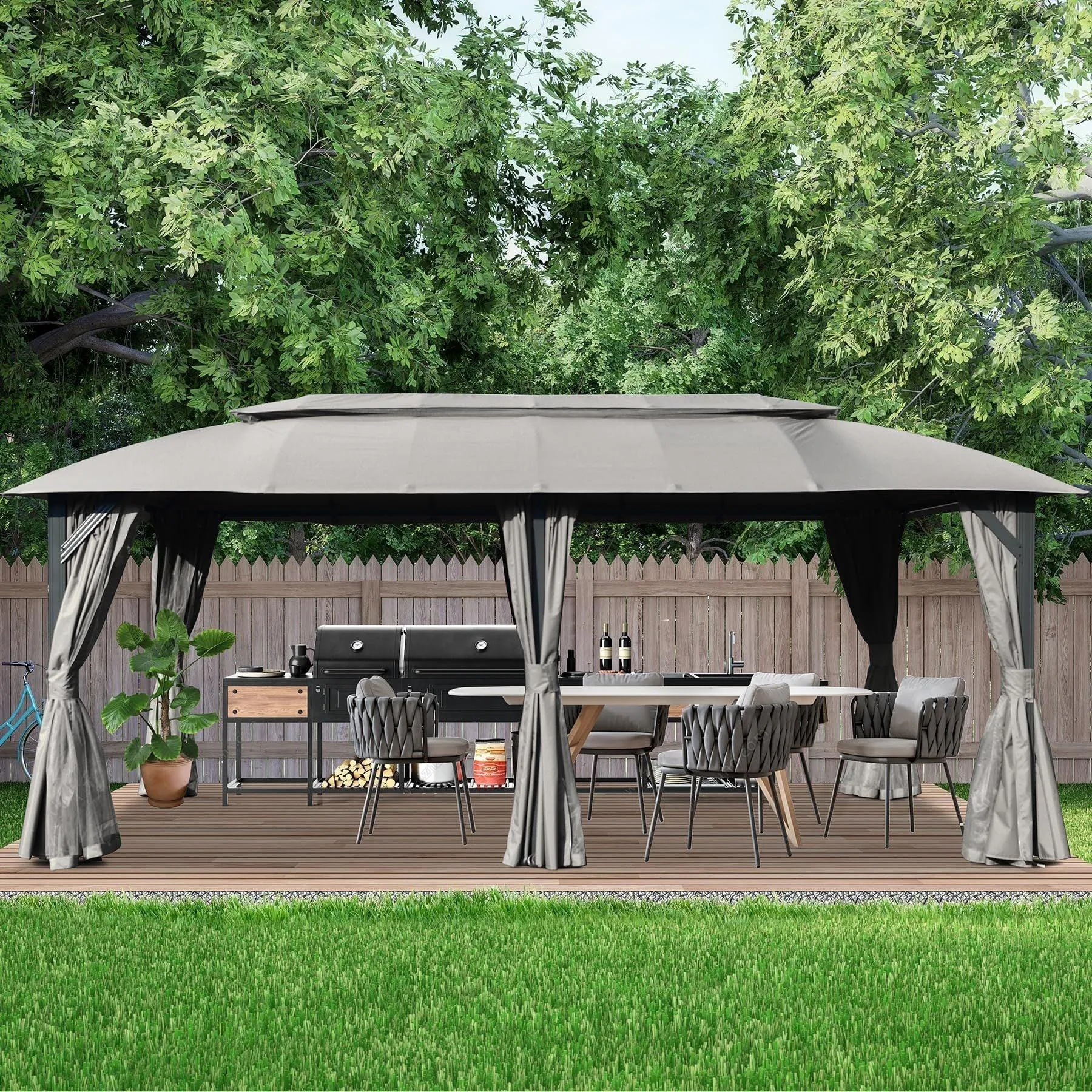 10x20FT, Outdoor Gazebo with Double Roofs, Privacy Curtains, Mosquito Nettings, Heavy Duty Metal Frame, Grey