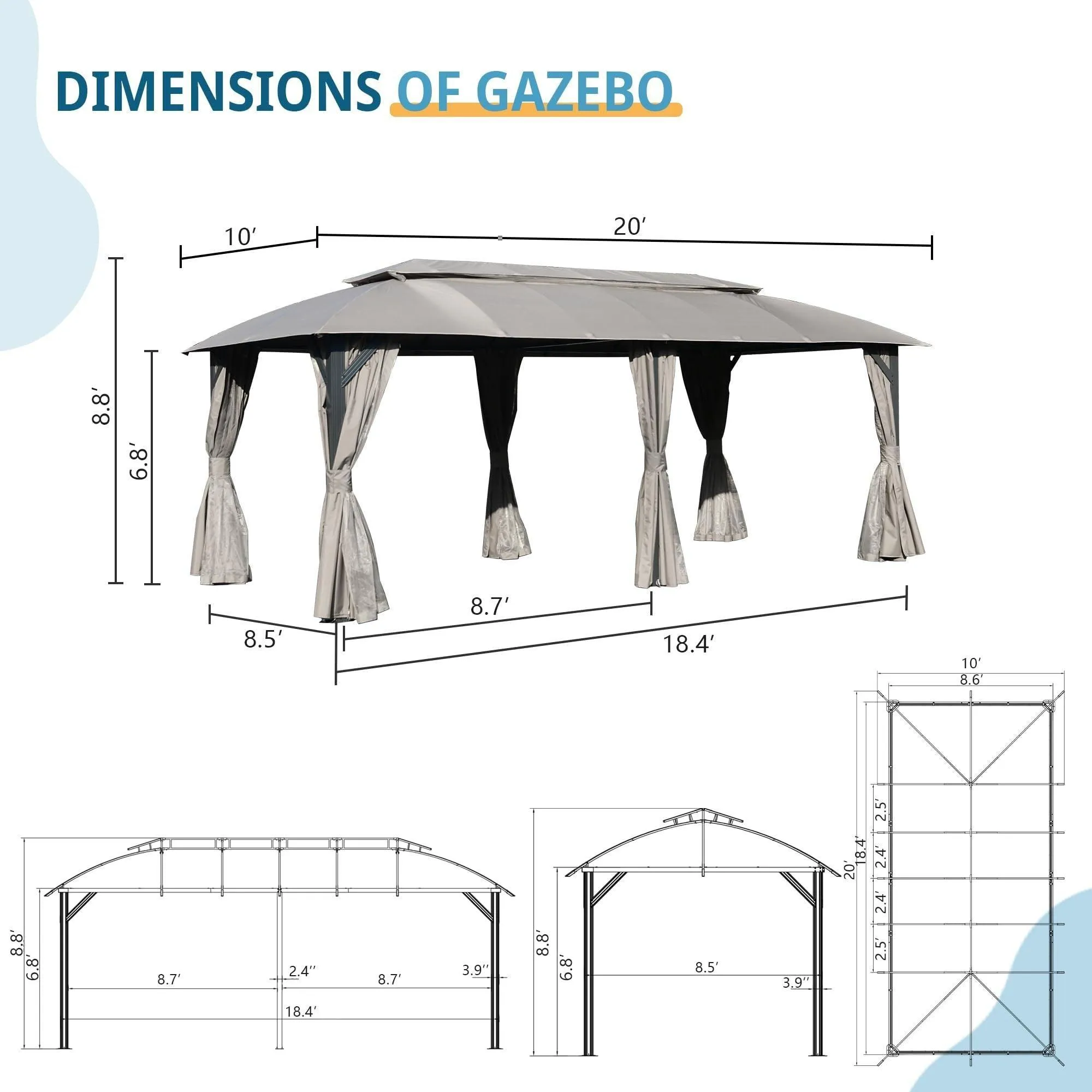 10x20FT, Outdoor Gazebo with Double Roofs, Privacy Curtains, Mosquito Nettings, Heavy Duty Metal Frame, Grey