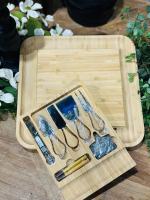 13.5” Natural Bamboo Cheese Board & Cutlery Set