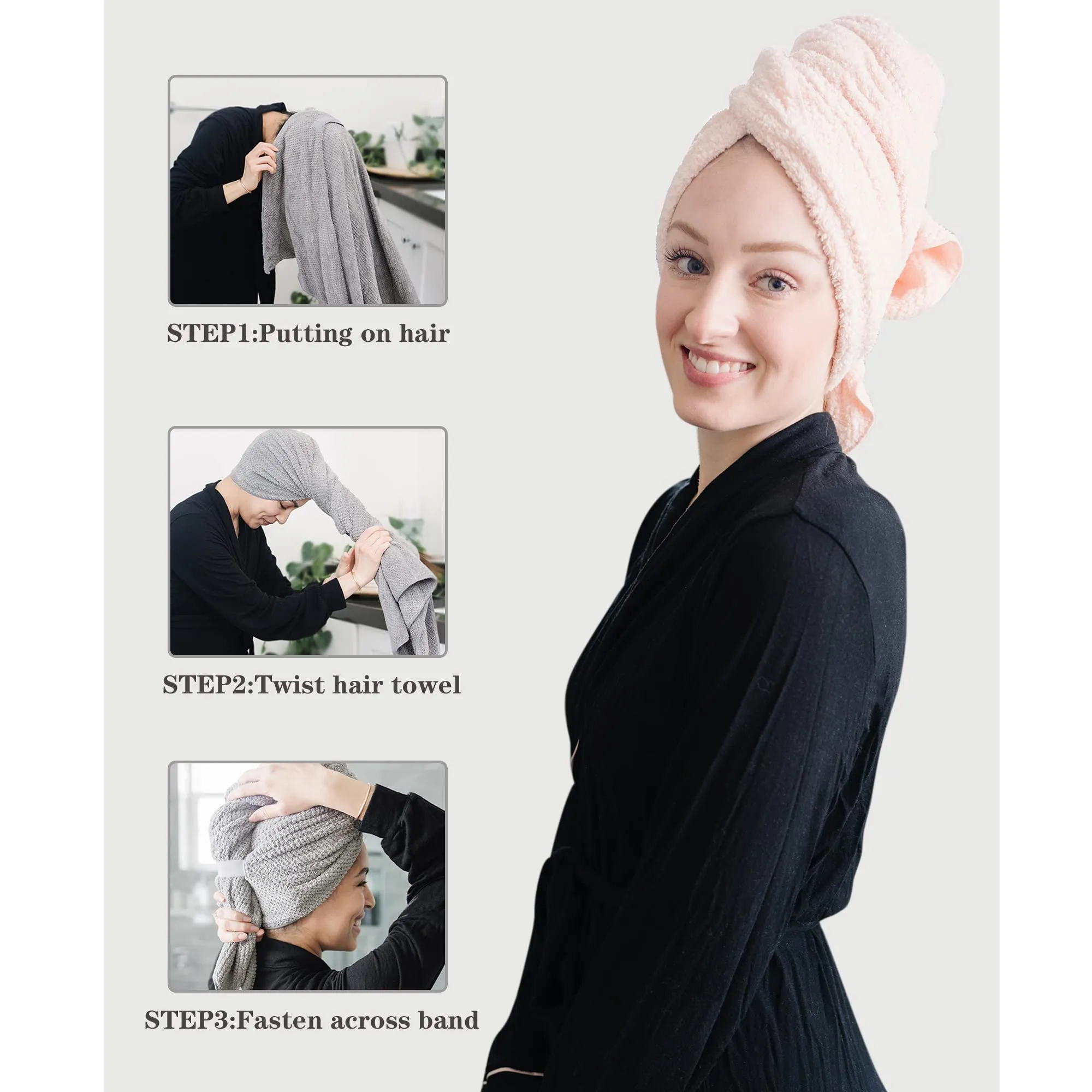 2 Packs Large Microfiber Hair Towels for Women, Super Absorbent & Quick Dry Hair Towel Wrap for Curly Hair Long & Short Hair- Anti-Frizz Hair Turbans for Wet Hair (Gray & Pink), Size- 27.5''*39.4''