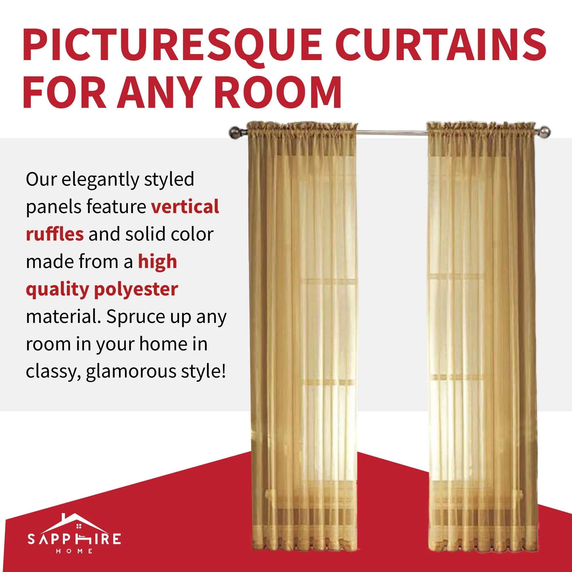 2 Panels Window Sheer Curtains 54" x 84" Inches (108" Total Width), Voile Panels for Bedroom Living Room, Rod Pocket, Decorative Curtains, Solid Sheer Curtains Gold