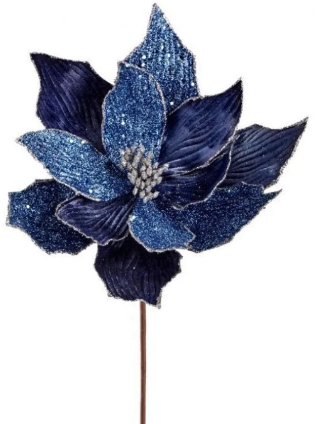 24" Blue Beaded Velvet Poinsettia Stem Spray