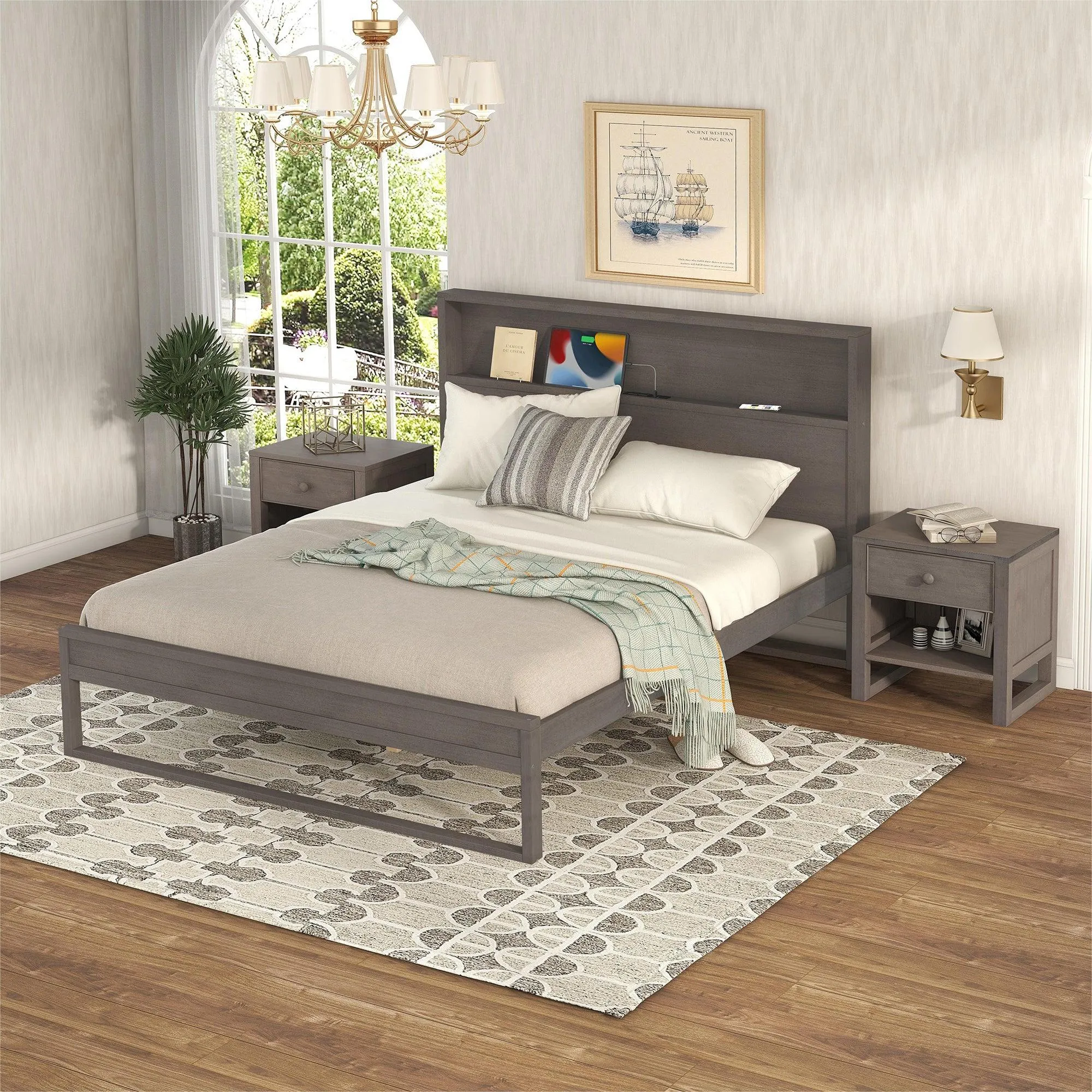 3-Pieces Bedroom Sets Queen Size Platform Bed with Two Nightstands,Antique Gray