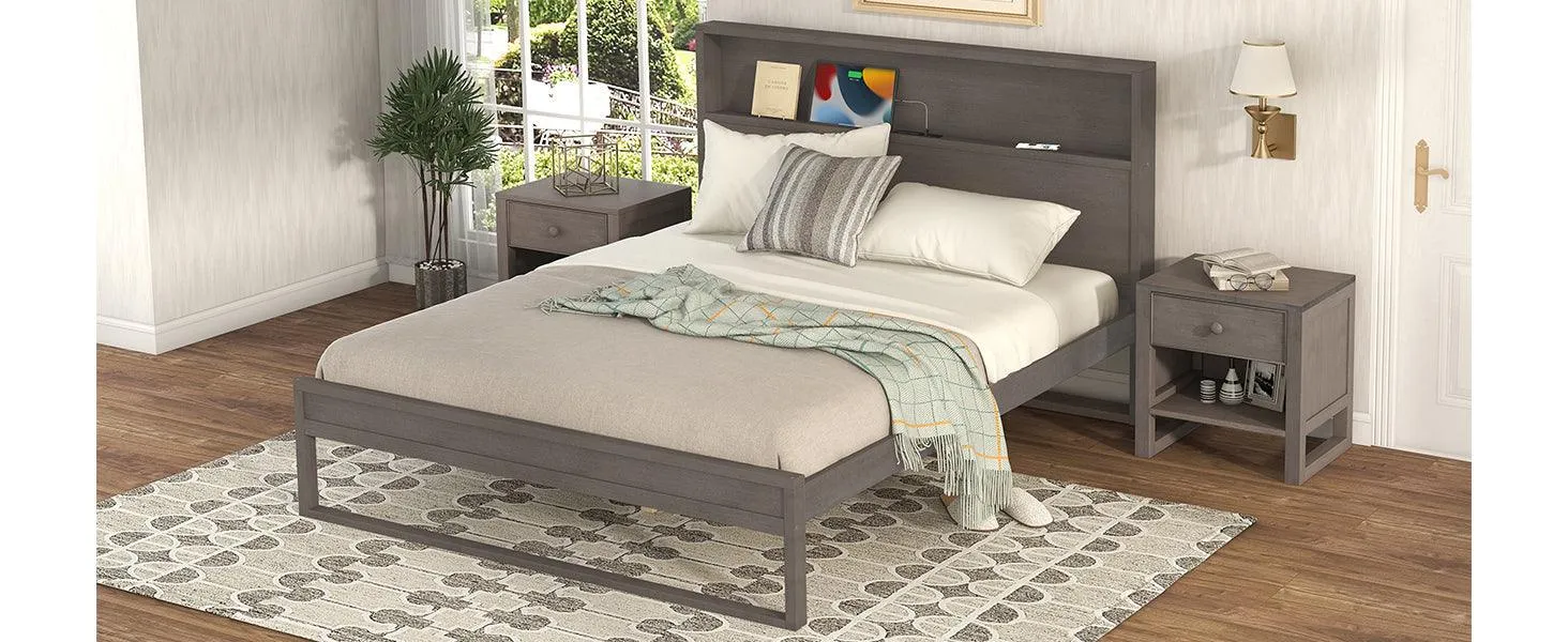 3-Pieces Bedroom Sets Queen Size Platform Bed with Two Nightstands,Antique Gray