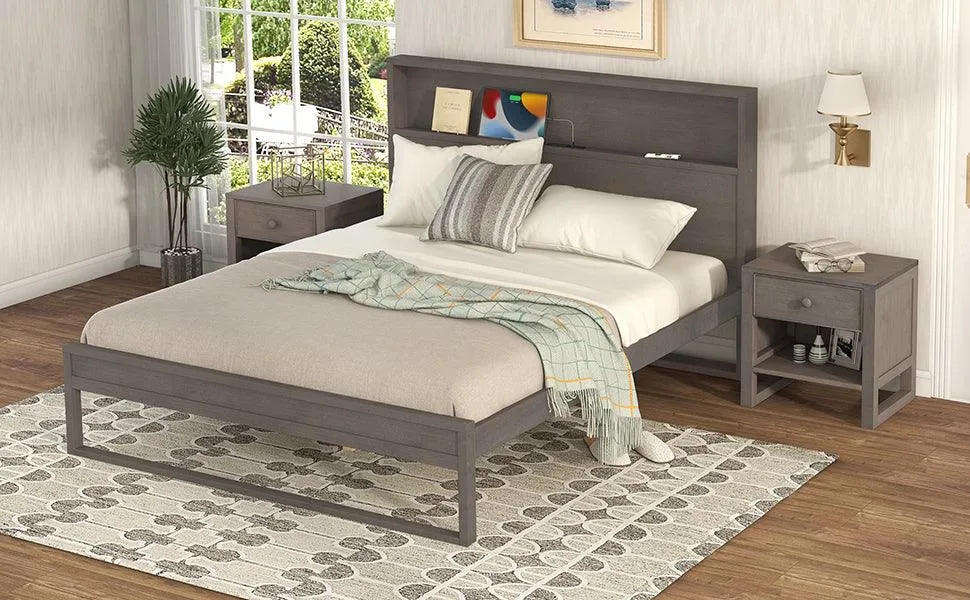 3-Pieces Bedroom Sets Queen Size Platform Bed with Two Nightstands,Antique Gray