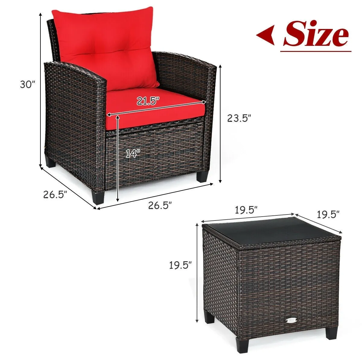 3pc Outdoor Patio Rattan Furniture Set - Red