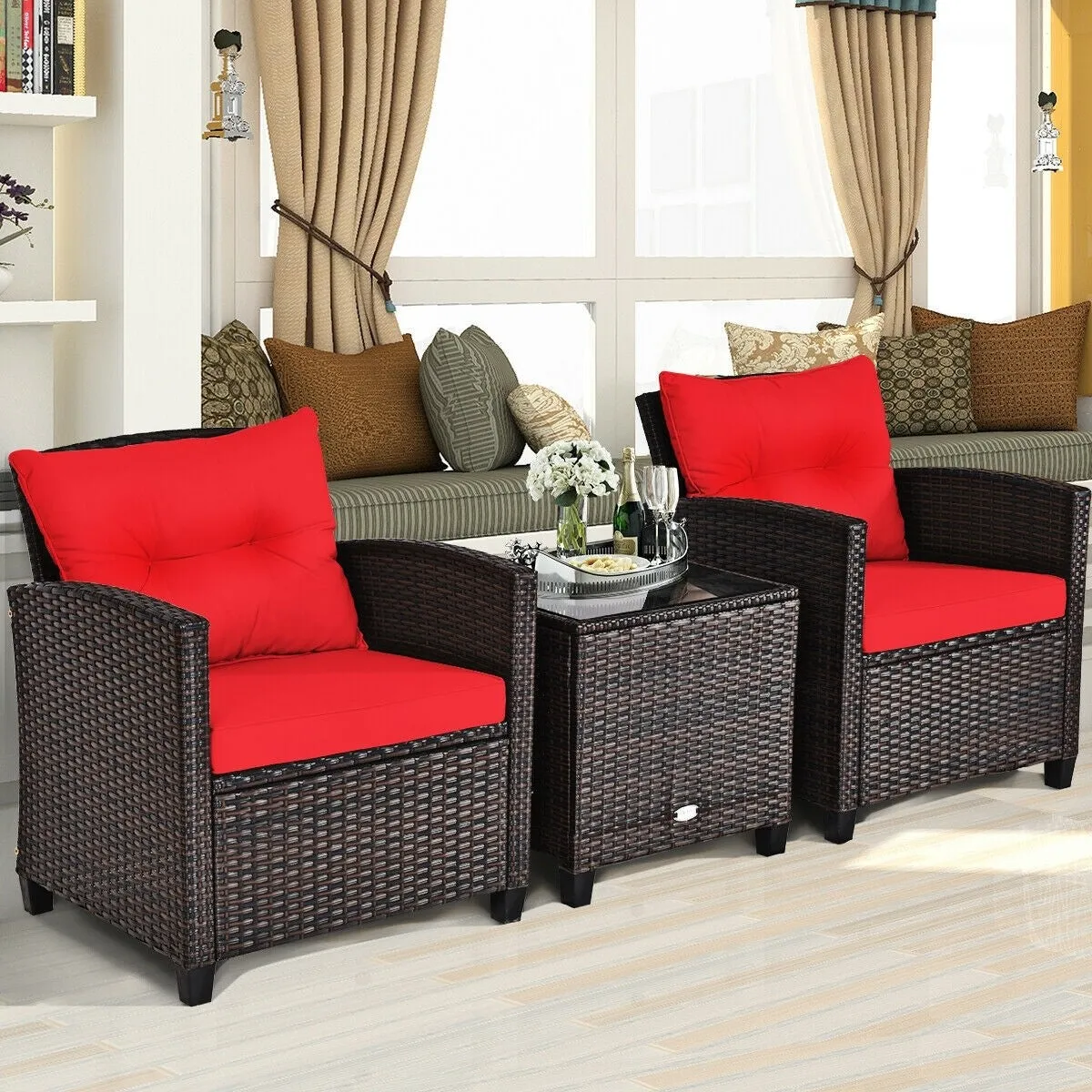 3pc Outdoor Patio Rattan Furniture Set - Red