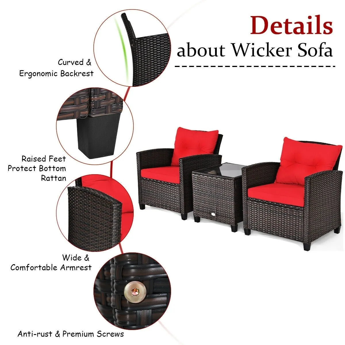 3pc Outdoor Patio Rattan Furniture Set - Red