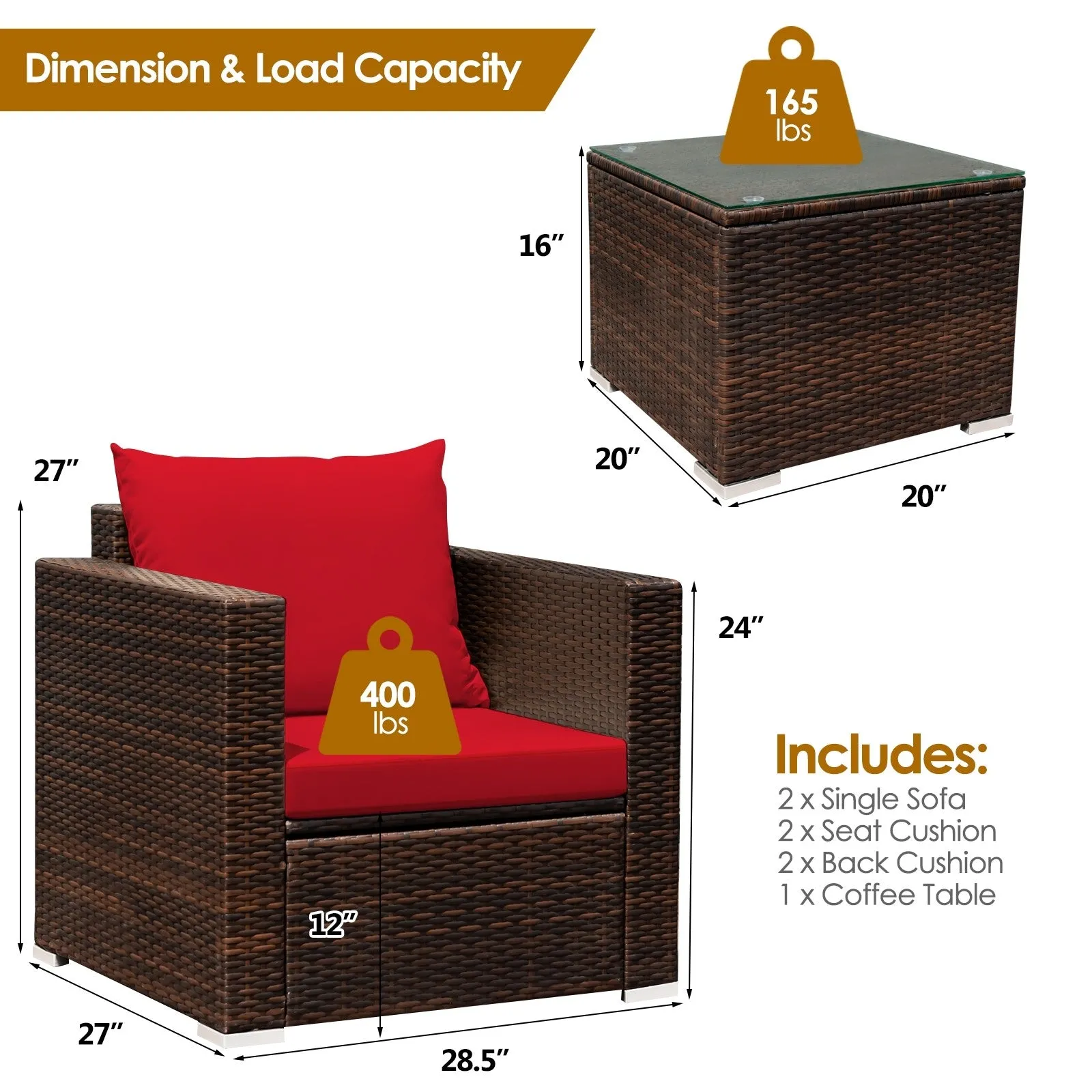 3pc Patio Rattan Conversation Set - Red