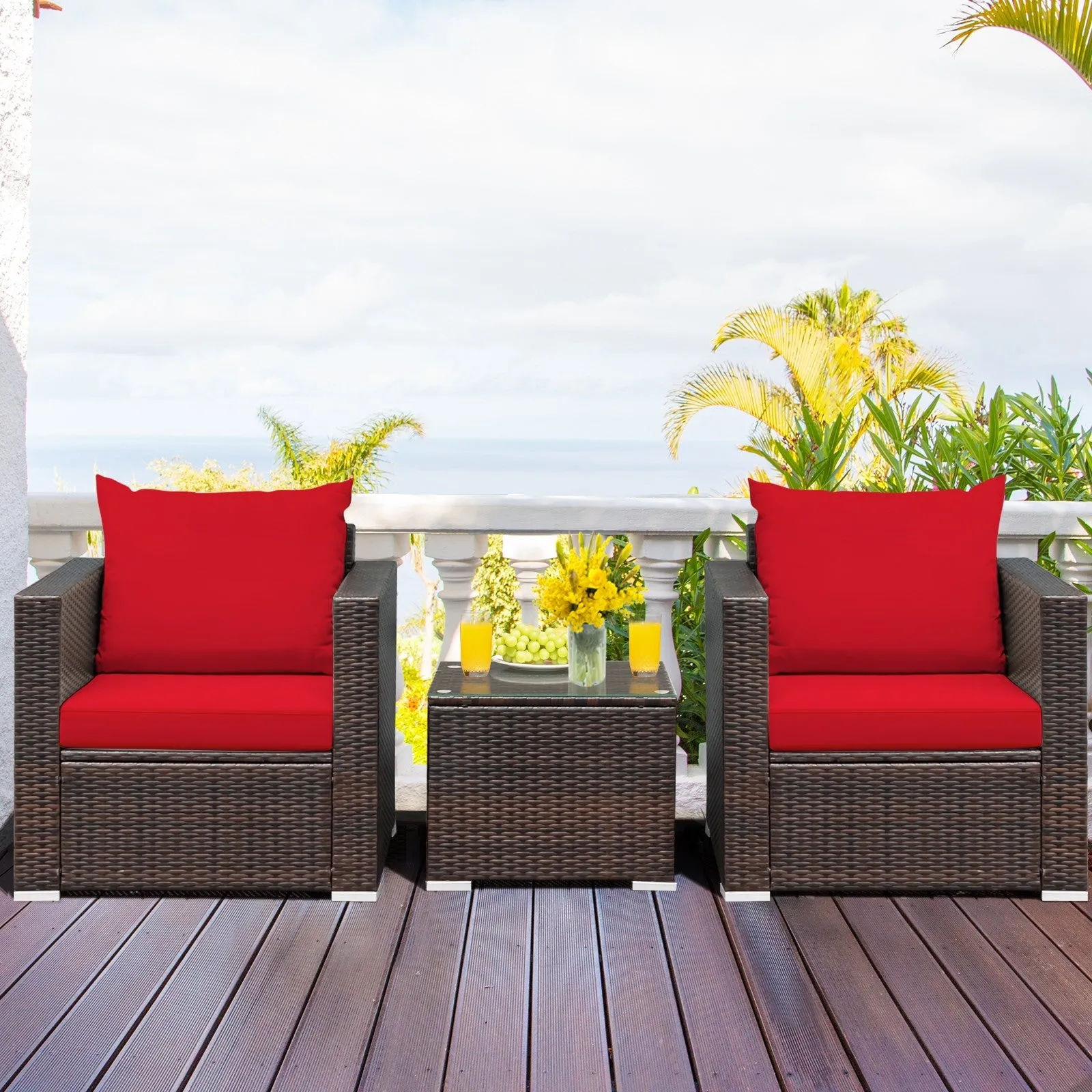 3pc Patio Rattan Conversation Set - Red