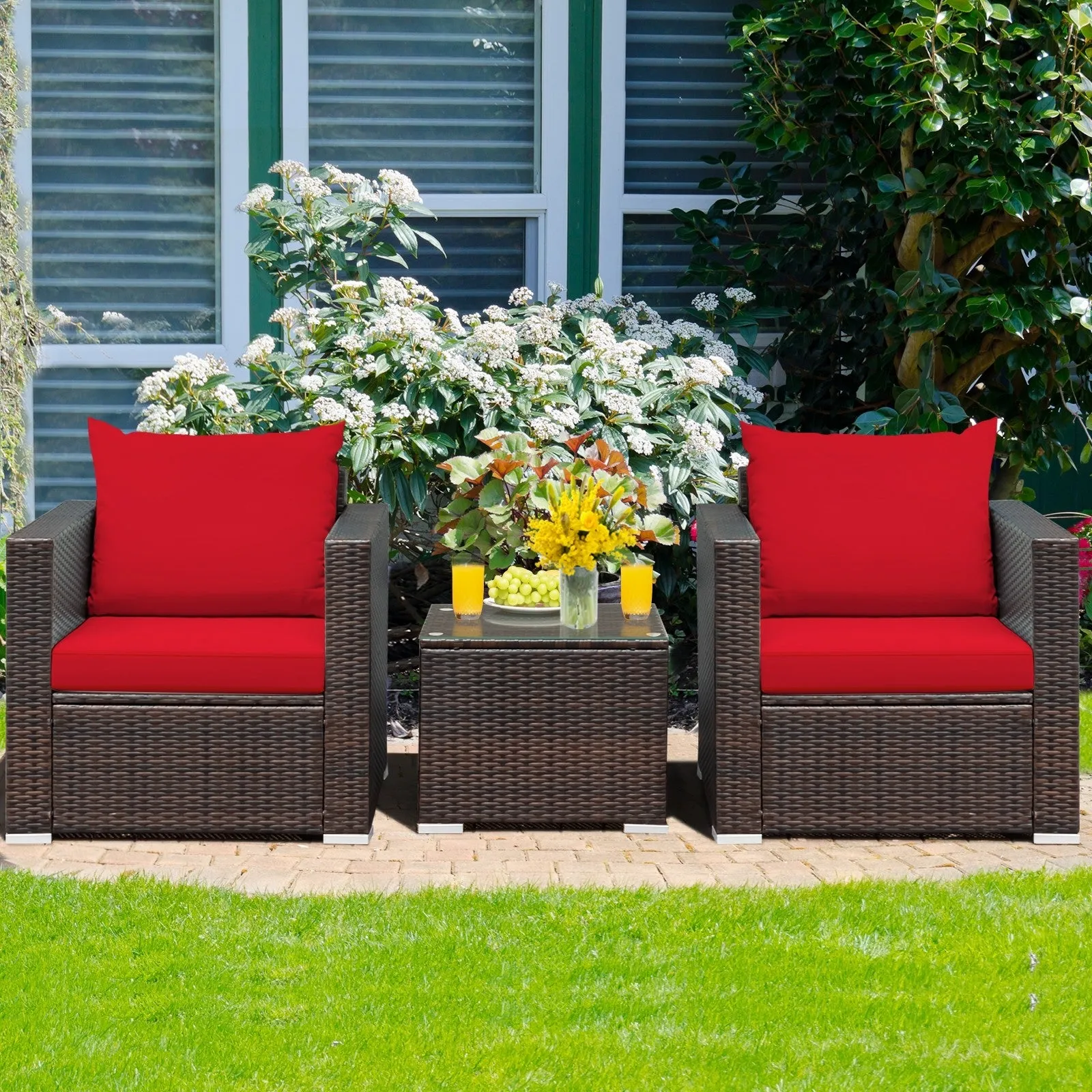 3pc Patio Rattan Conversation Set - Red