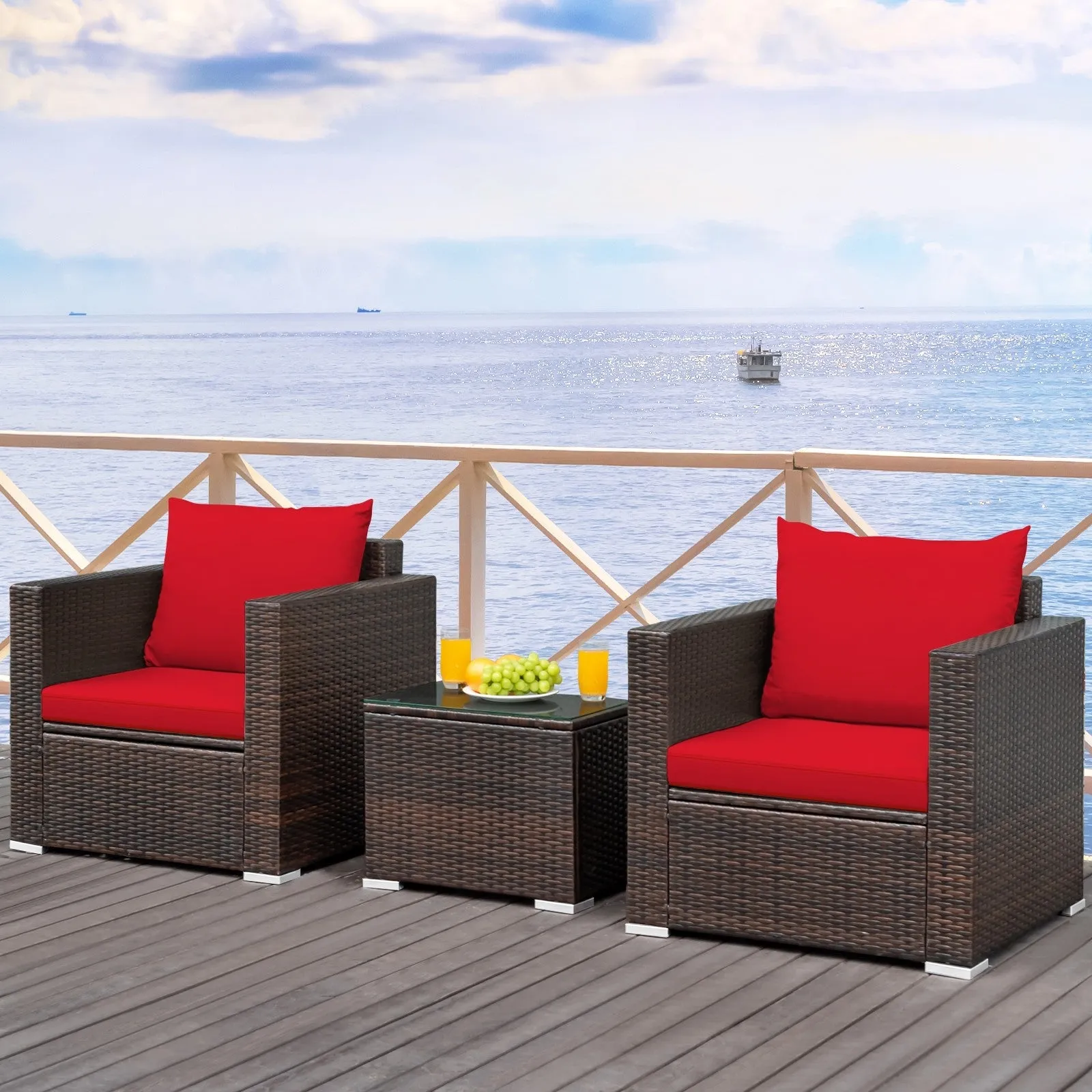 3pc Patio Rattan Conversation Set - Red