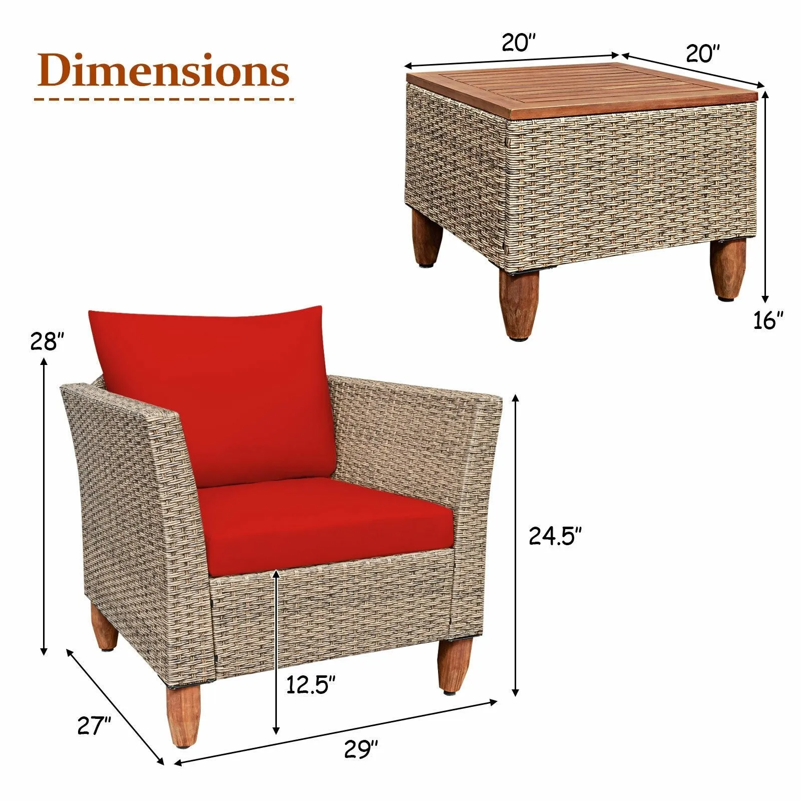 3pc Patio Rattan Furniture Set - Red