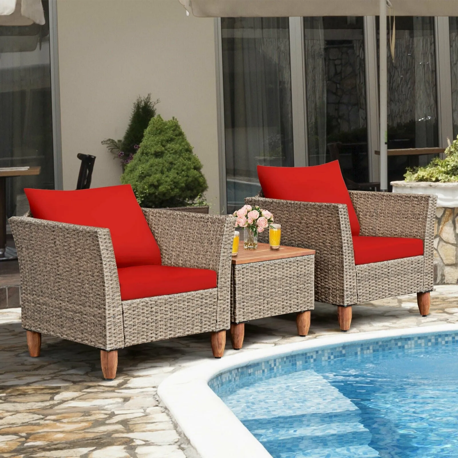 3pc Patio Rattan Furniture Set - Red