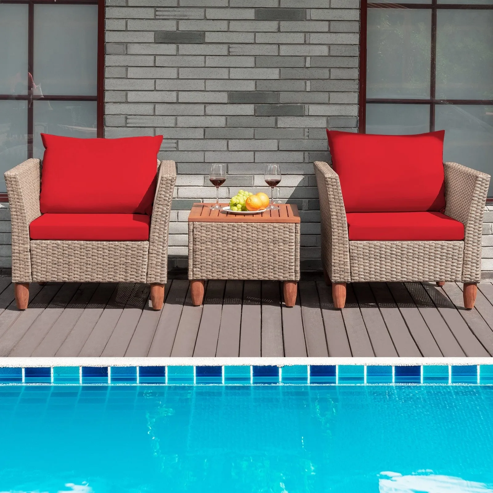 3pc Patio Rattan Furniture Set - Red