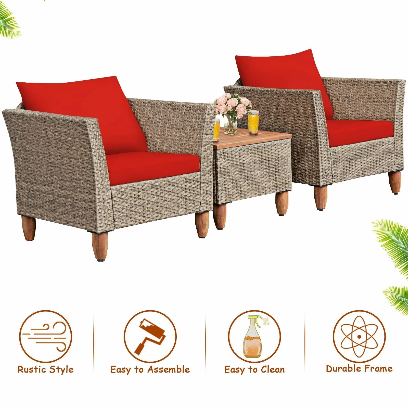 3pc Patio Rattan Furniture Set - Red