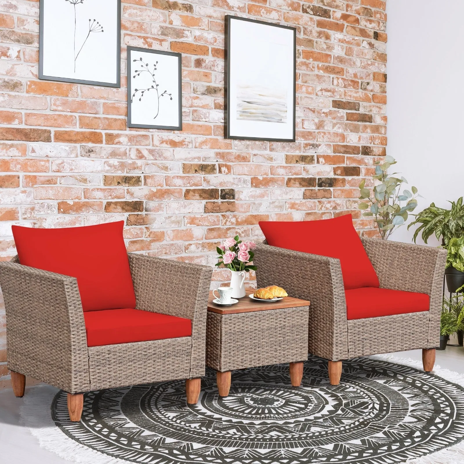 3pc Patio Rattan Furniture Set - Red