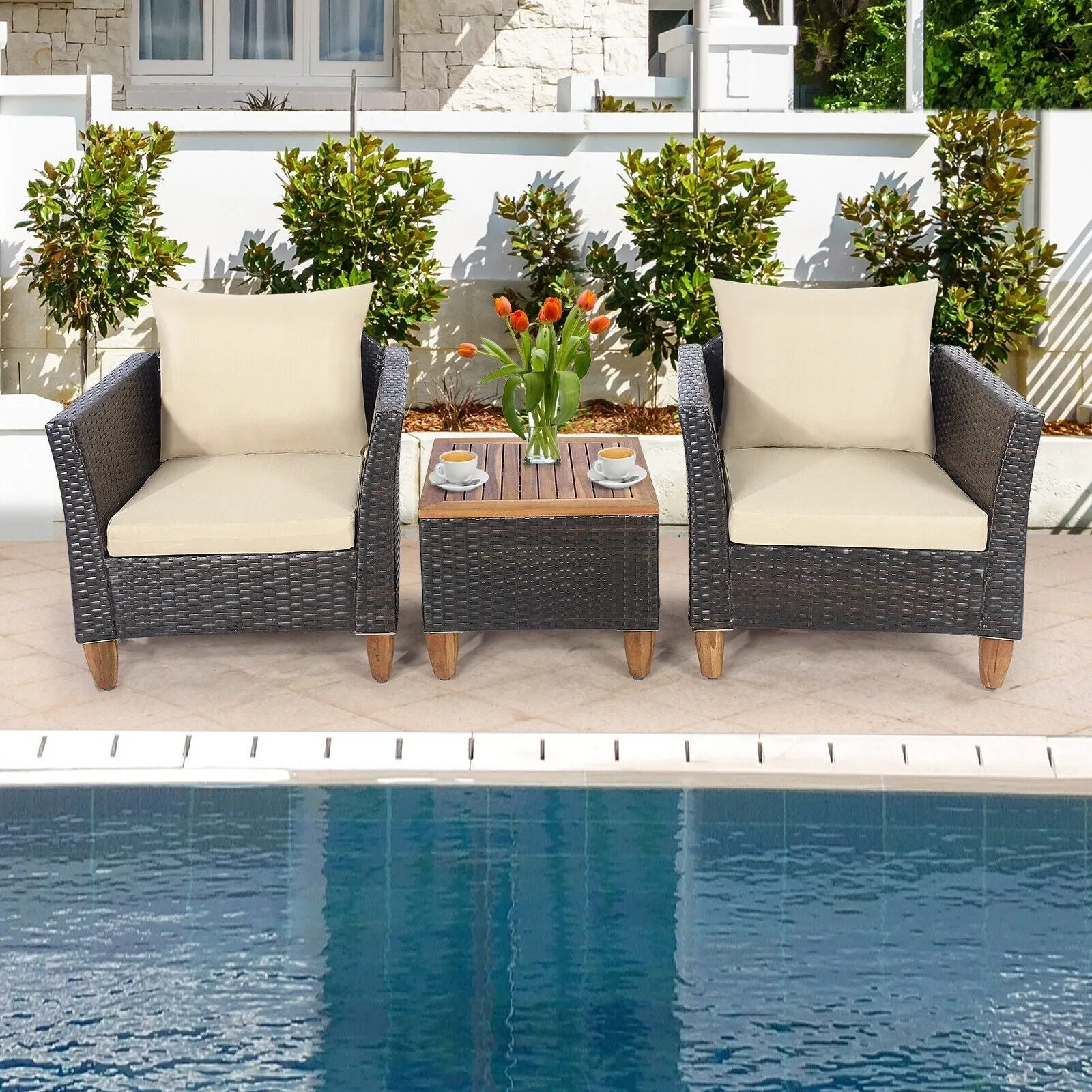 3pc Patio Rattan Furniture Set with Wooden Table Top - Brown