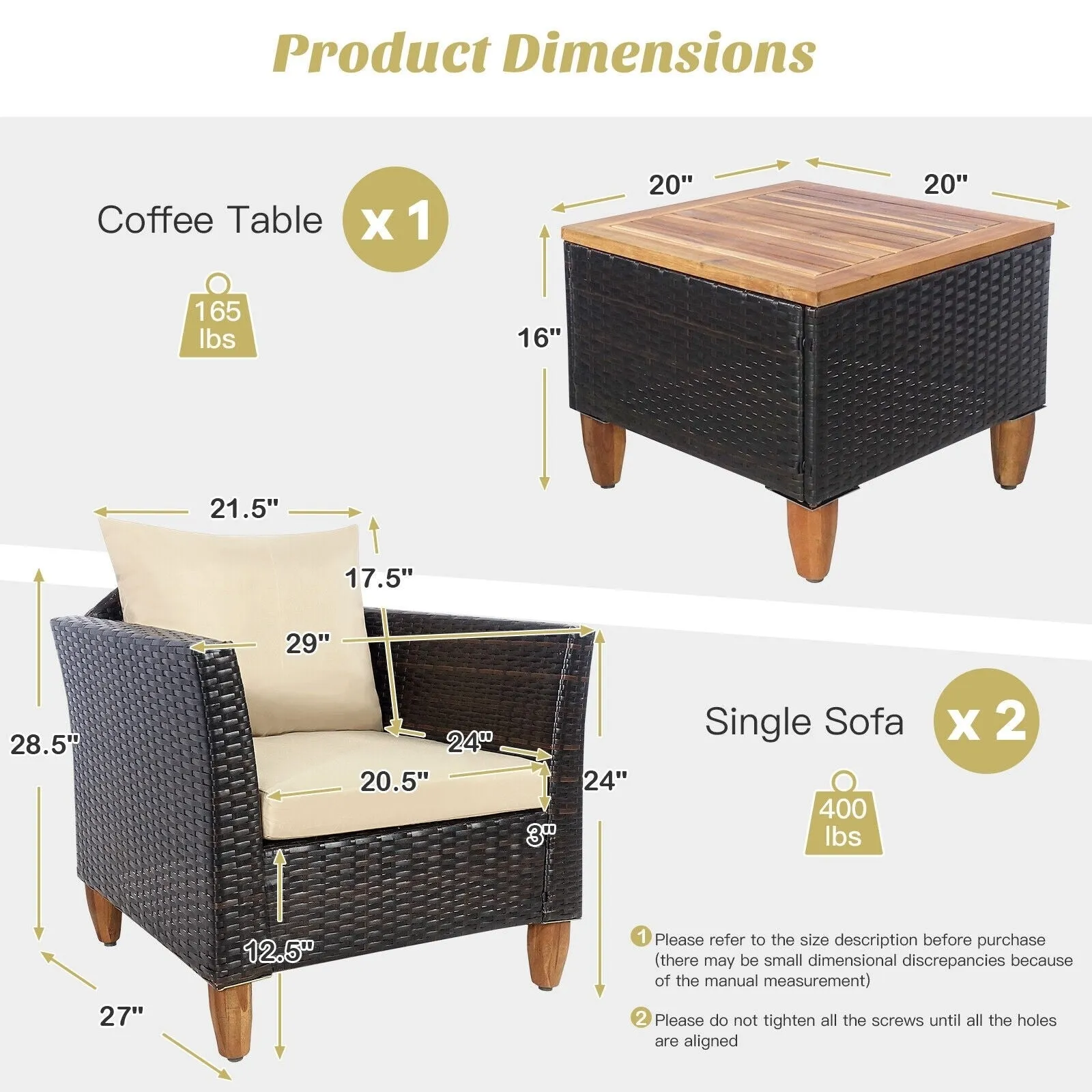 3pc Patio Rattan Furniture Set with Wooden Table Top - Brown