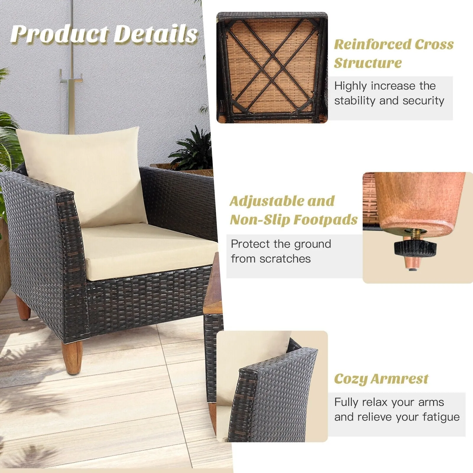 3pc Patio Rattan Furniture Set with Wooden Table Top - Brown