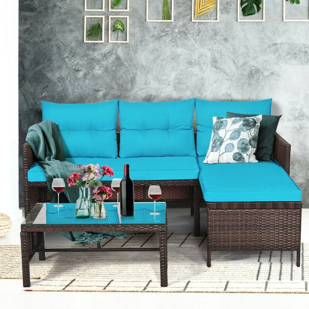 3pc Wicker Rattan Outdoor Patio Sofa Set - Turquoise