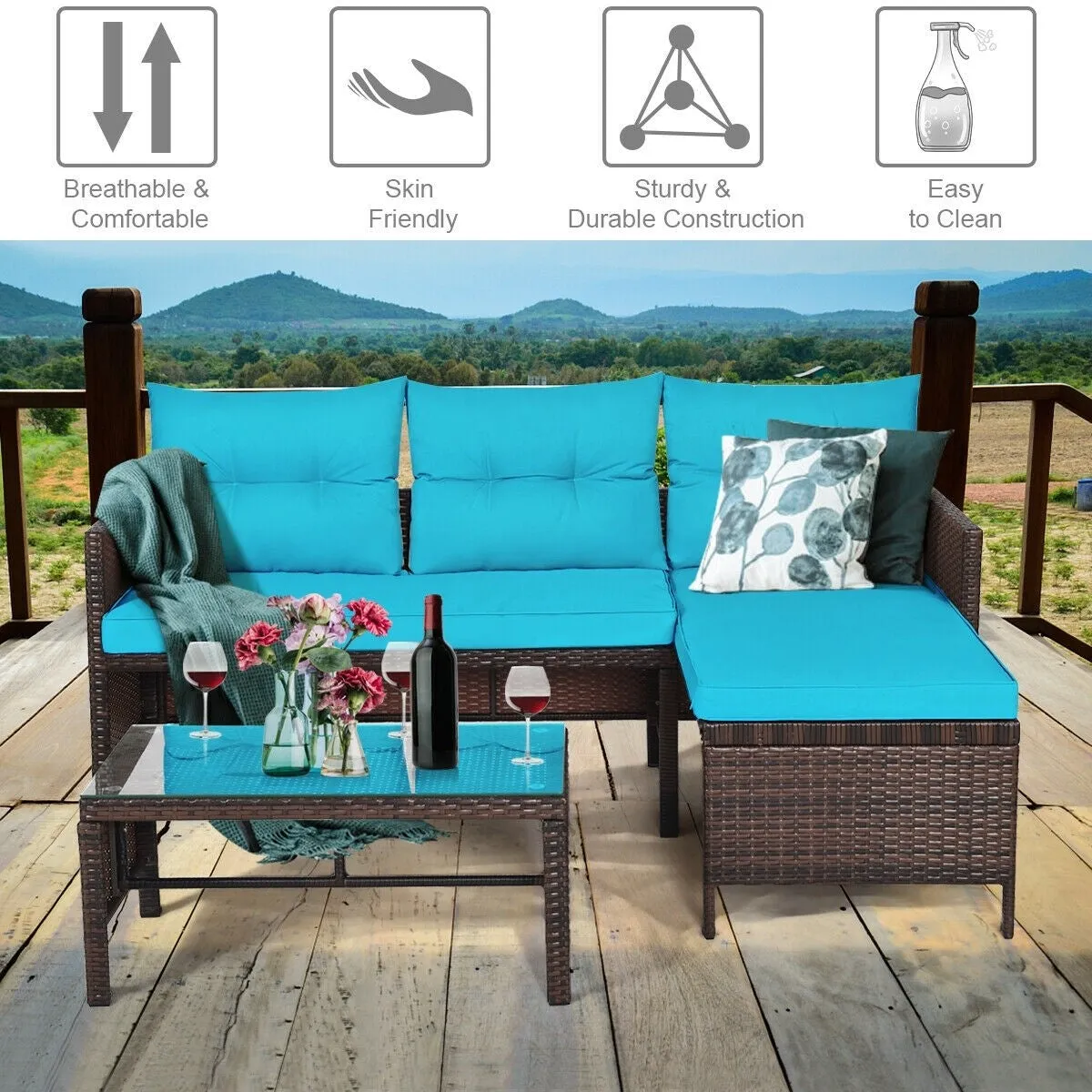 3pc Wicker Rattan Outdoor Patio Sofa Set - Turquoise