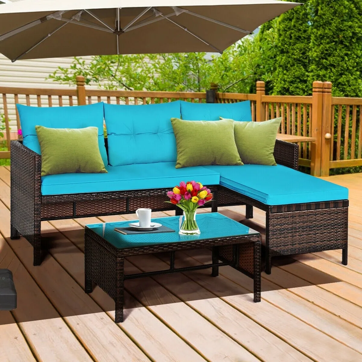 3pc Wicker Rattan Outdoor Patio Sofa Set - Turquoise