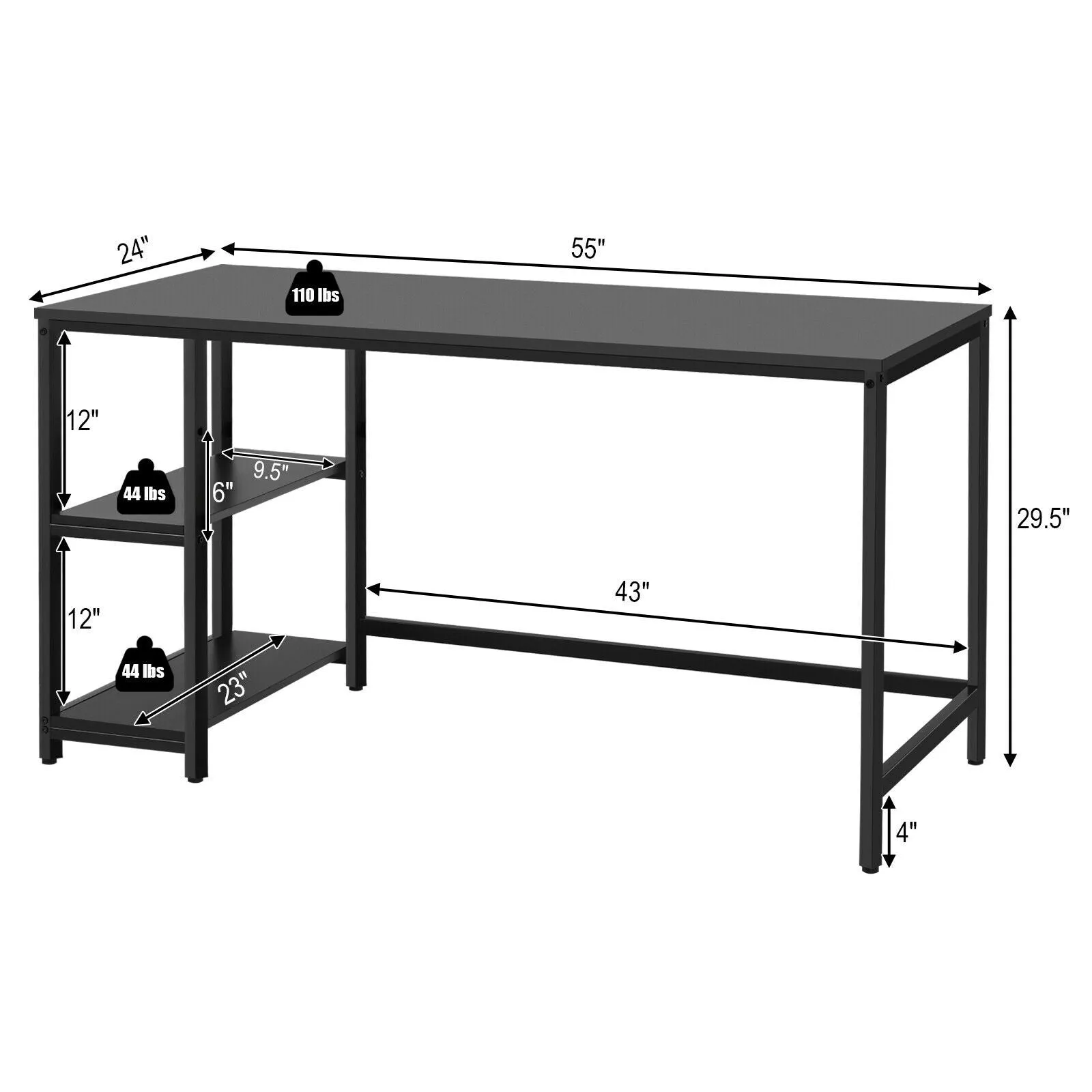 47"/55" Computer Study Desk with Adjustable Shelf - Black