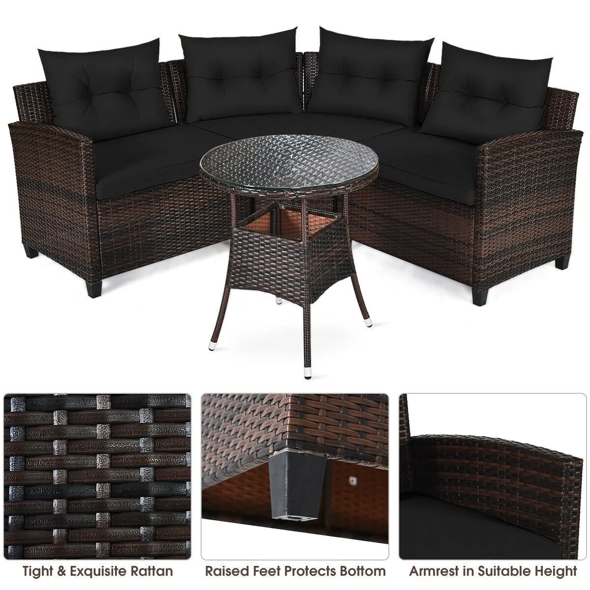 4pc Outdoor Cushioned Wicker Rattan Furniture Set - Black