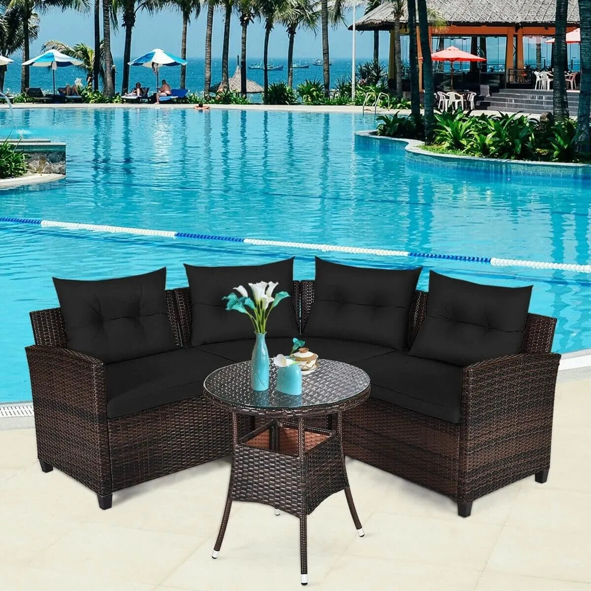 4pc Outdoor Cushioned Wicker Rattan Furniture Set - Black