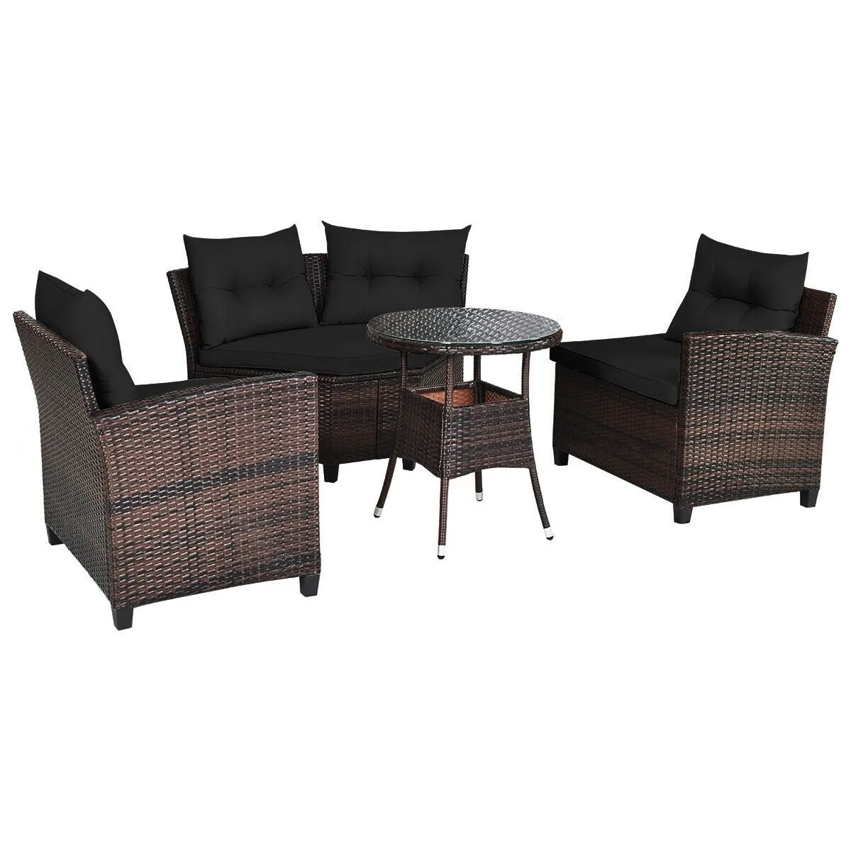 4pc Outdoor Cushioned Wicker Rattan Furniture Set - Black