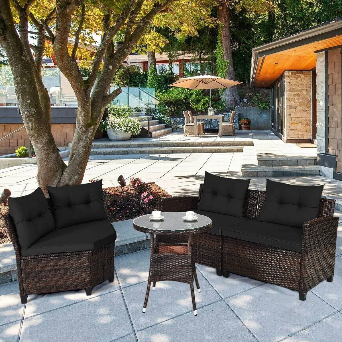 4pc Outdoor Cushioned Wicker Rattan Furniture Set - Black