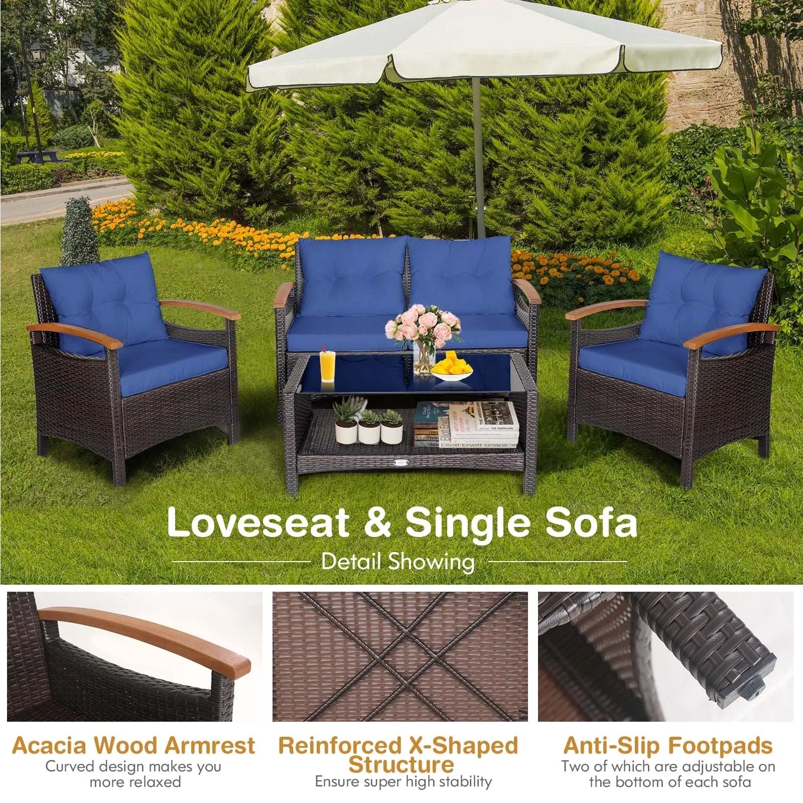 4pc Patio Rattan Furniture Set - Navy