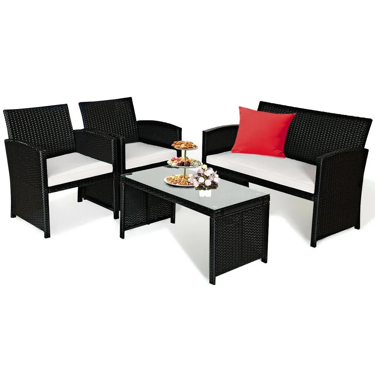 4-Piece White Wicker Sofa Conversation Set for Outdoor Patio