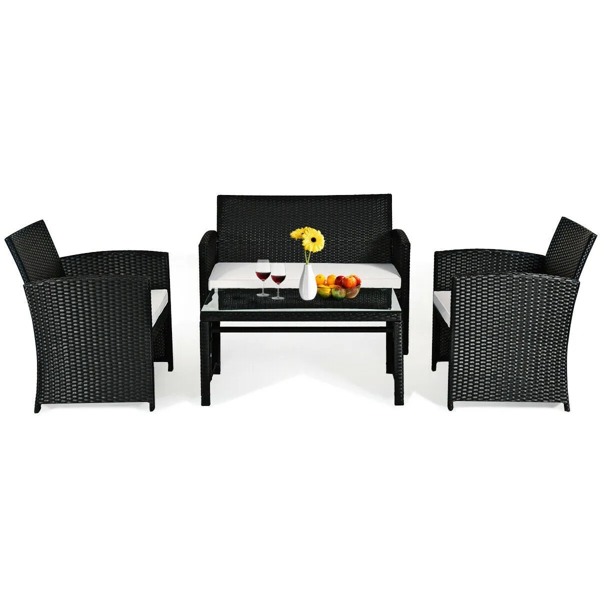 4-Piece White Wicker Sofa Conversation Set for Outdoor Patio