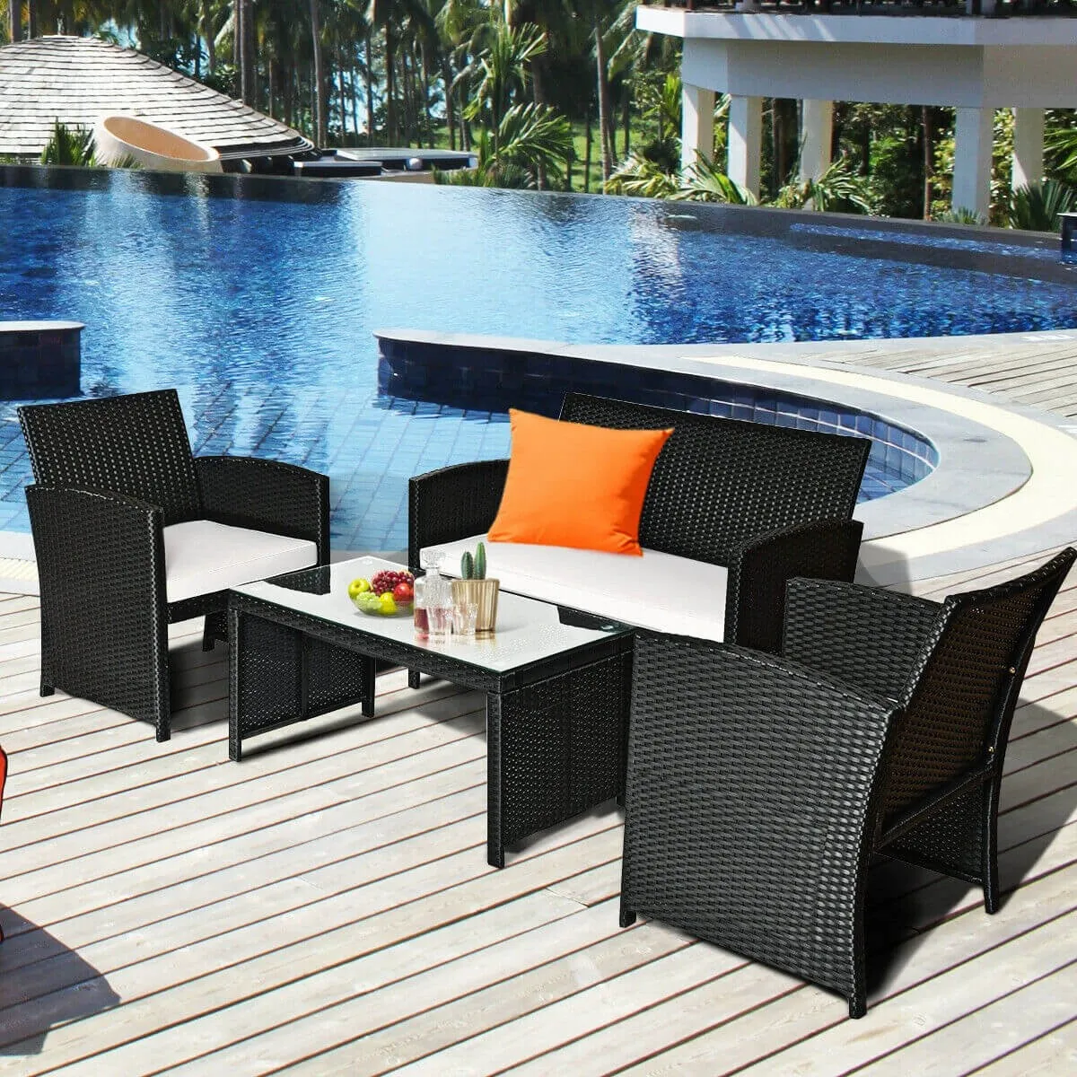 4-Piece White Wicker Sofa Conversation Set for Outdoor Patio