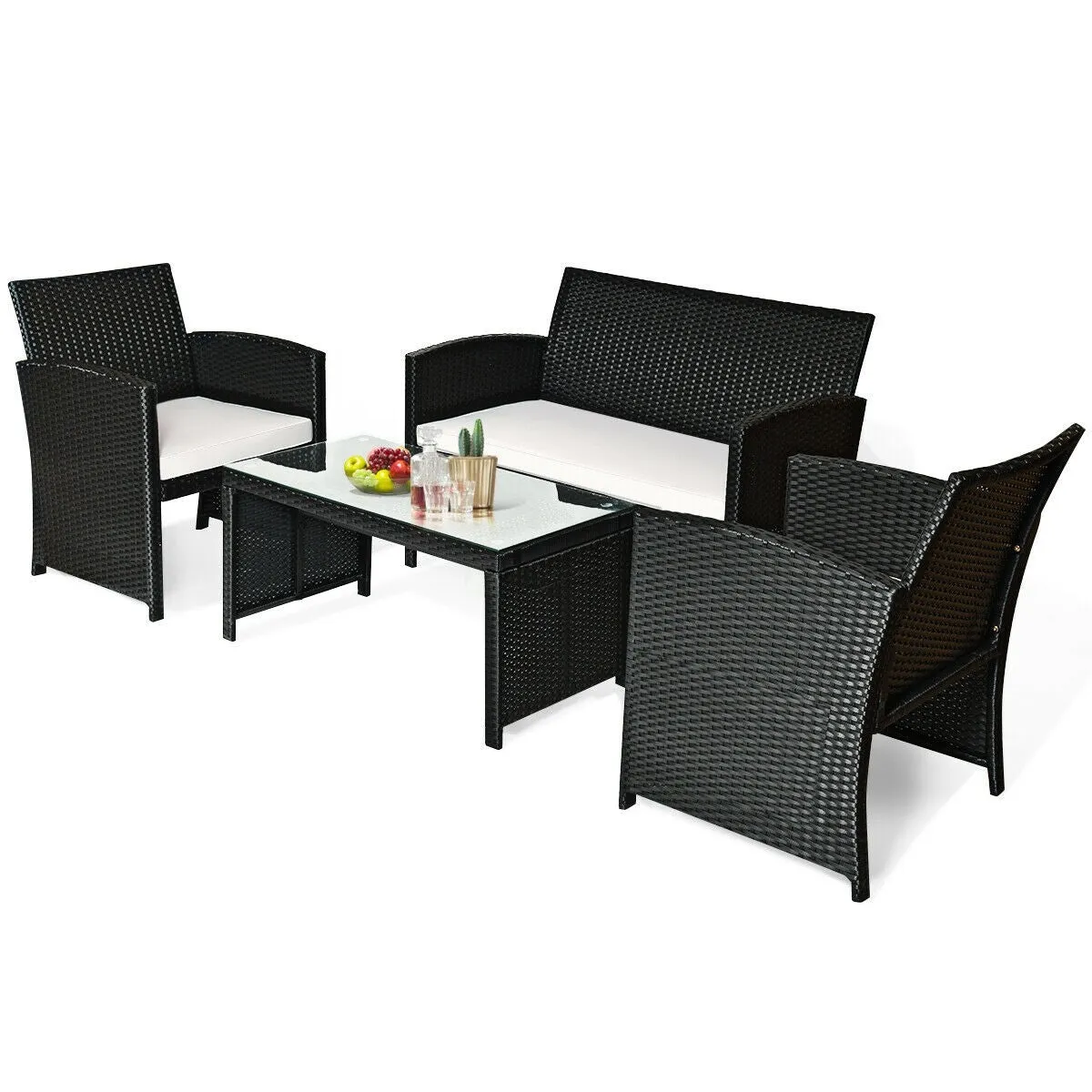 4-Piece White Wicker Sofa Conversation Set for Outdoor Patio