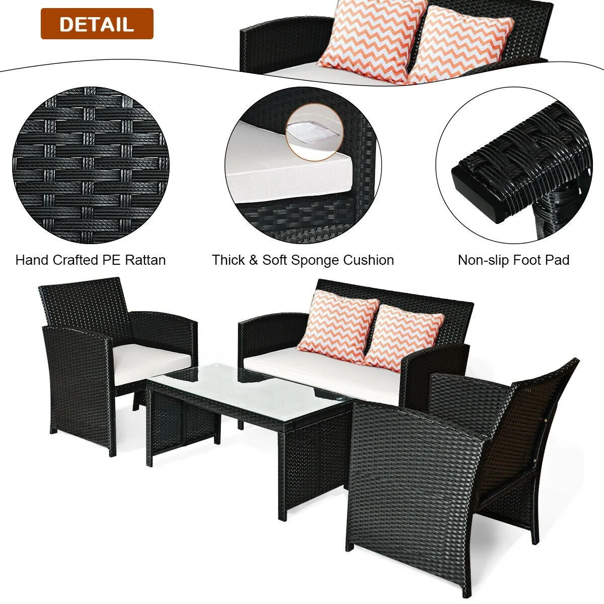 4-Piece White Wicker Sofa Conversation Set for Outdoor Patio