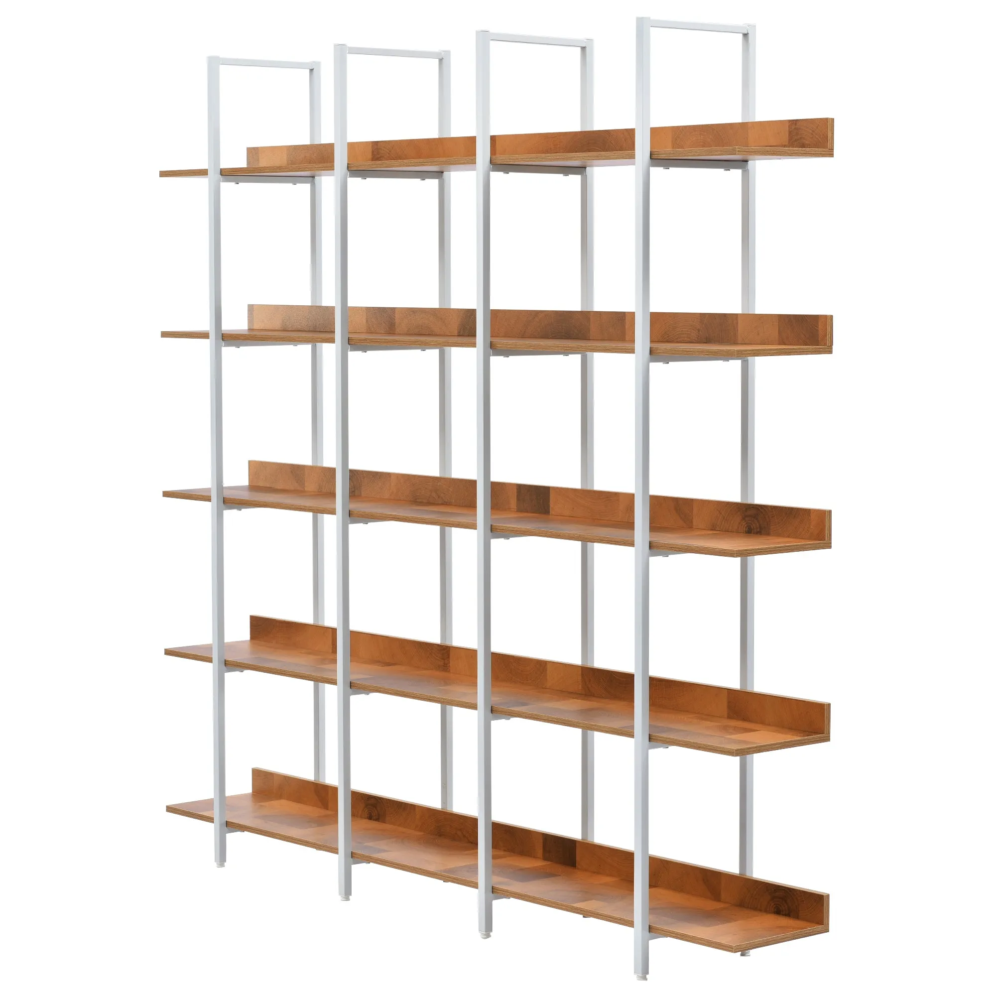 5 Tier Bookcase Home Office Open Bookshelf, Vintage Industrial Style Shelf, MDF Board, White Metal Frame, Brown