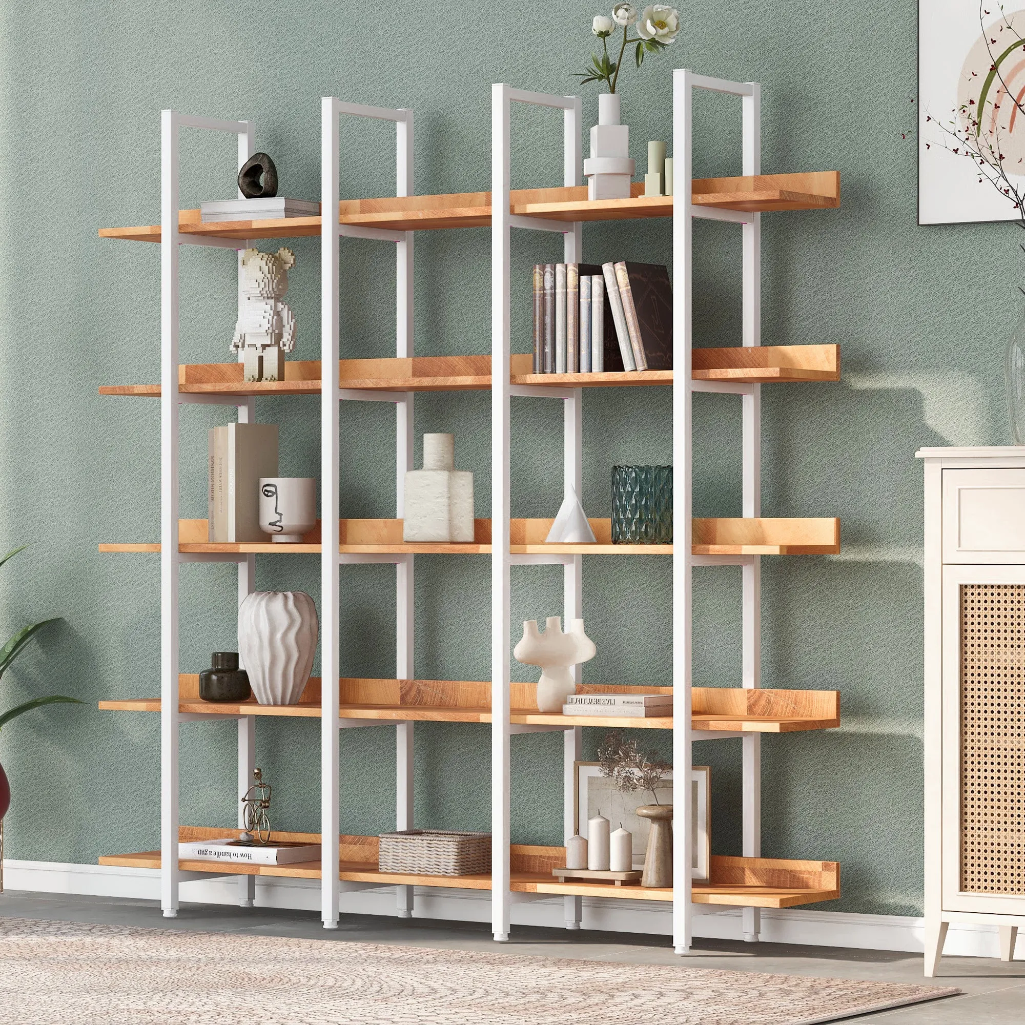 5 Tier Bookcase Home Office Open Bookshelf, Vintage Industrial Style Shelf, MDF Board, White Metal Frame, Brown