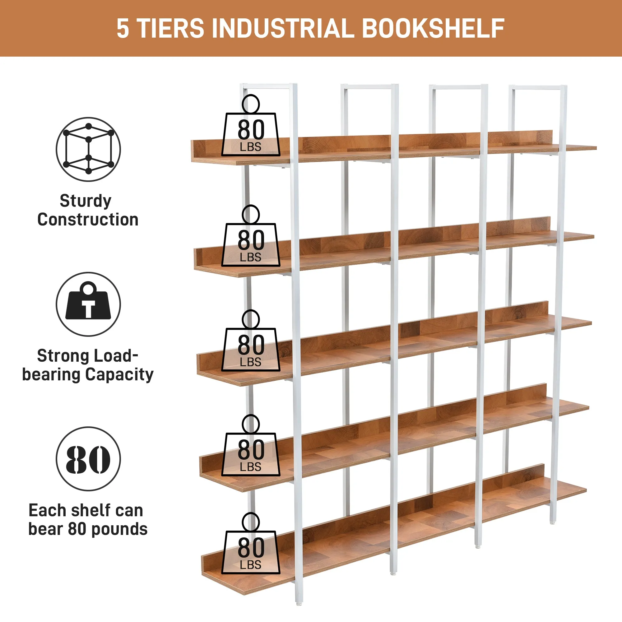 5 Tier Bookcase Home Office Open Bookshelf, Vintage Industrial Style Shelf, MDF Board, White Metal Frame, Brown