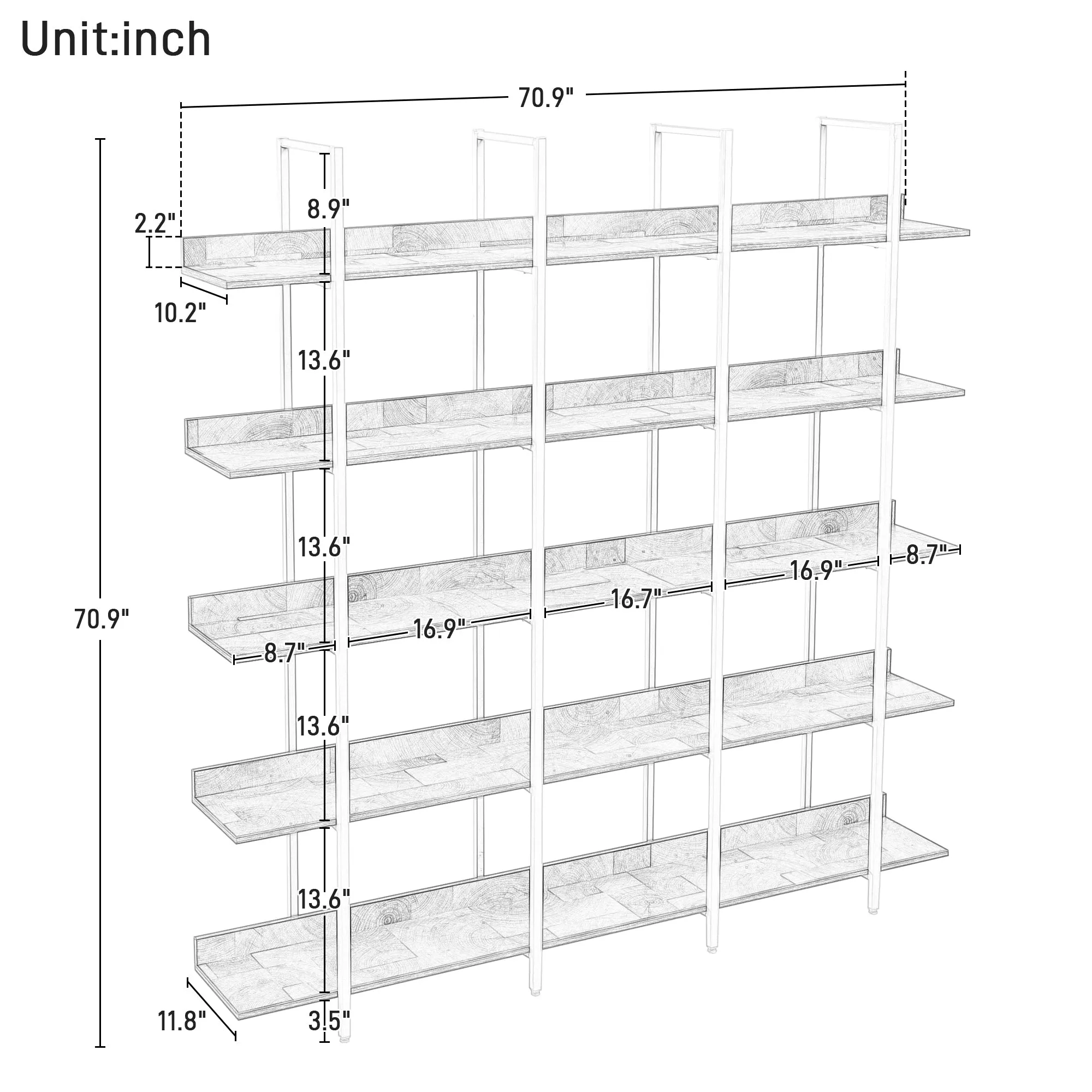 5 Tier Bookcase Home Office Open Bookshelf, Vintage Industrial Style Shelf, MDF Board, White Metal Frame, Brown