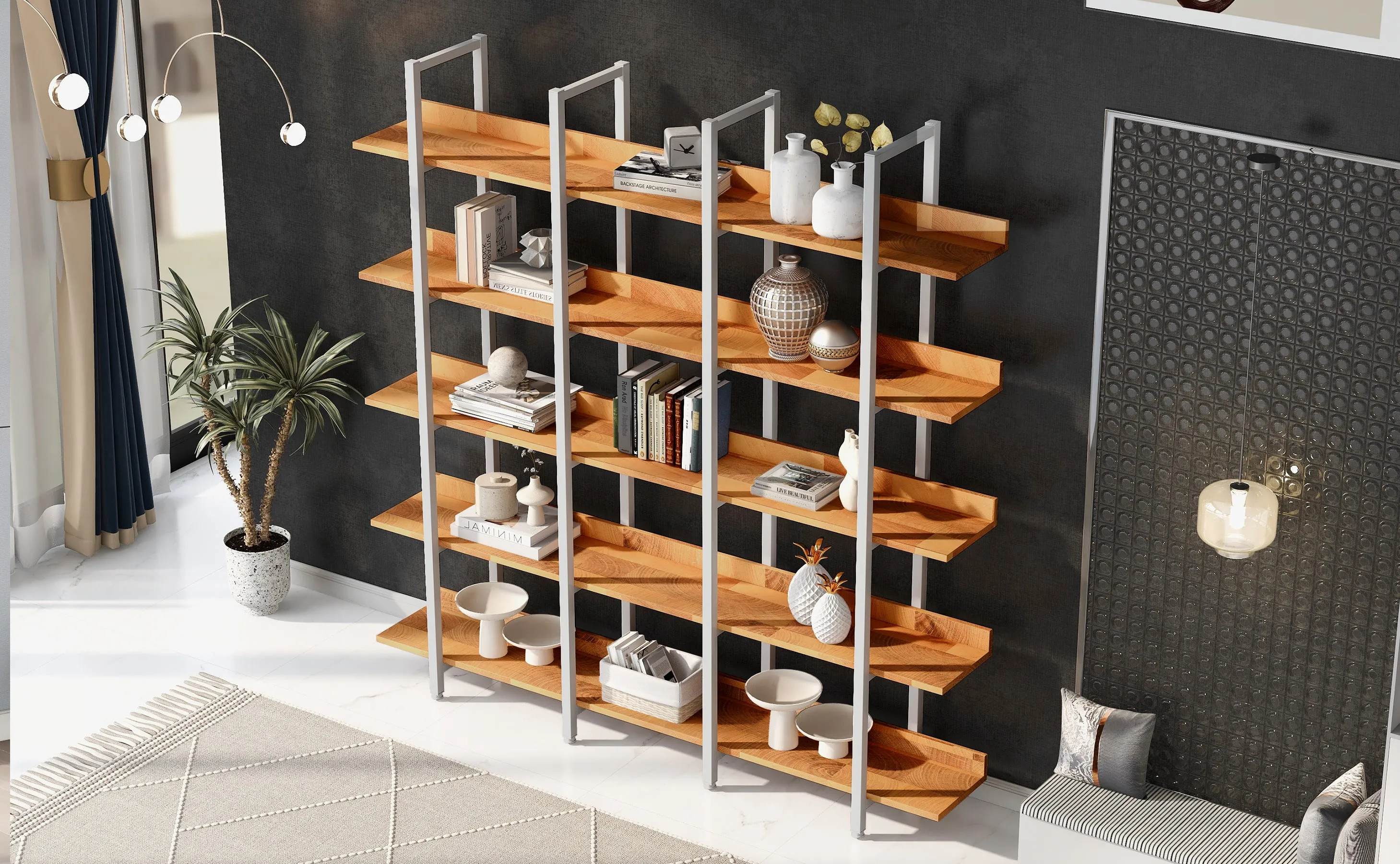 5 Tier Bookcase Home Office Open Bookshelf, Vintage Industrial Style Shelf, MDF Board, White Metal Frame, Brown