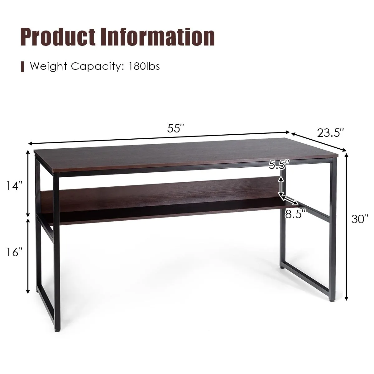 55" Computer Writing Desk with Storage Shelf - Brown