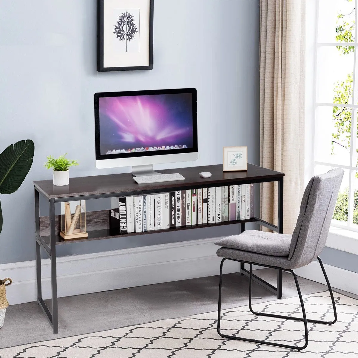 55" Computer Writing Desk with Storage Shelf - Brown