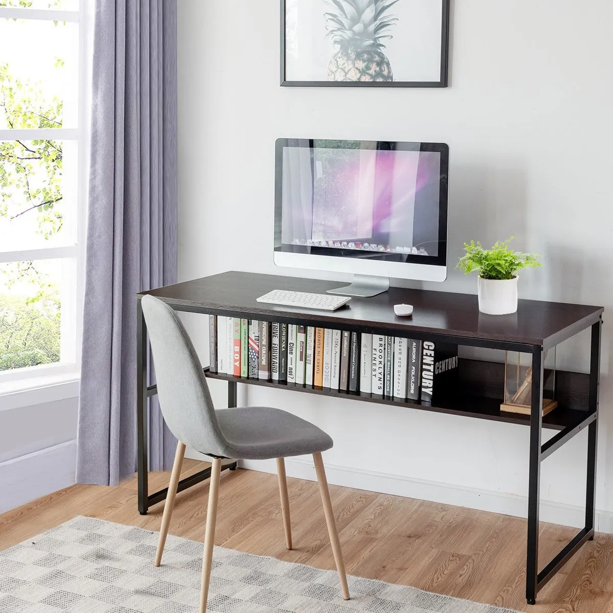 55" Computer Writing Desk with Storage Shelf - Brown