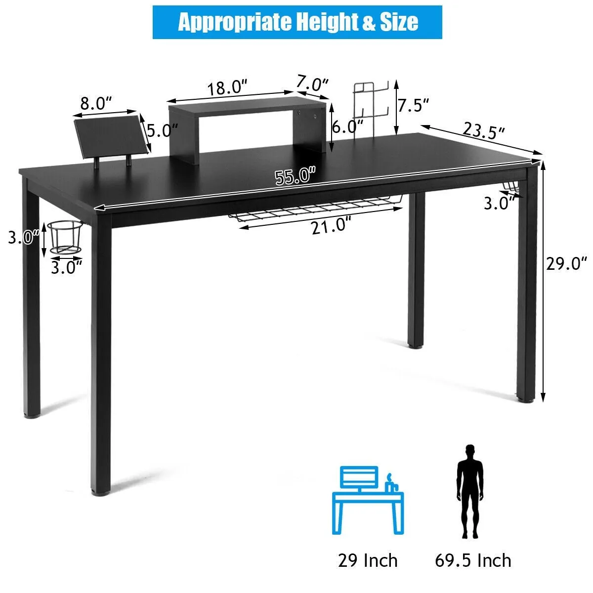 55" Gaming Desk with Monitor Shelf - Black