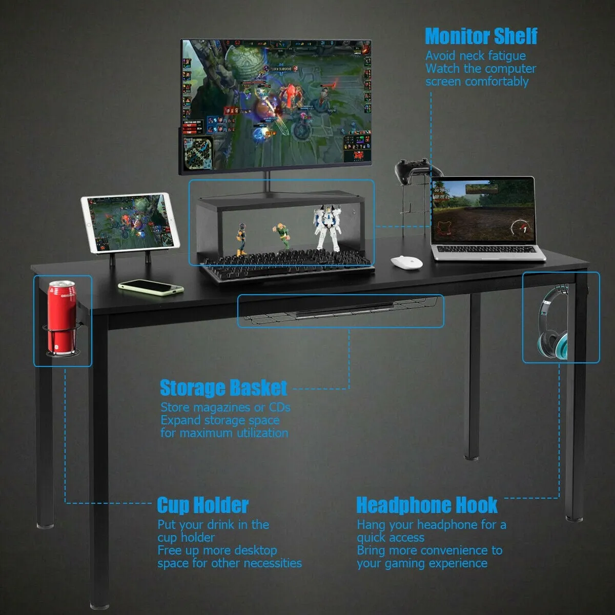 55" Gaming Desk with Monitor Shelf - Black